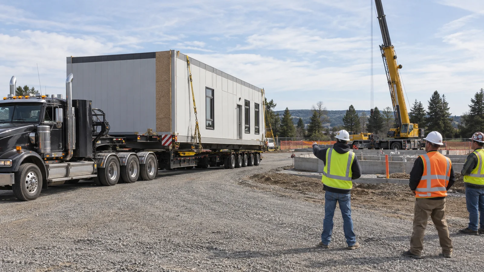 Modular building sections arriving by truck for crane installation on a prepared site