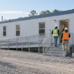 Temporary modular office building in use at an active commercial site