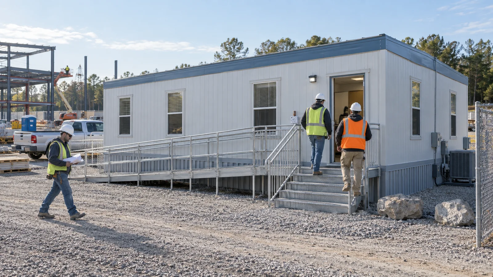 Temporary modular office building in use at an active commercial site
