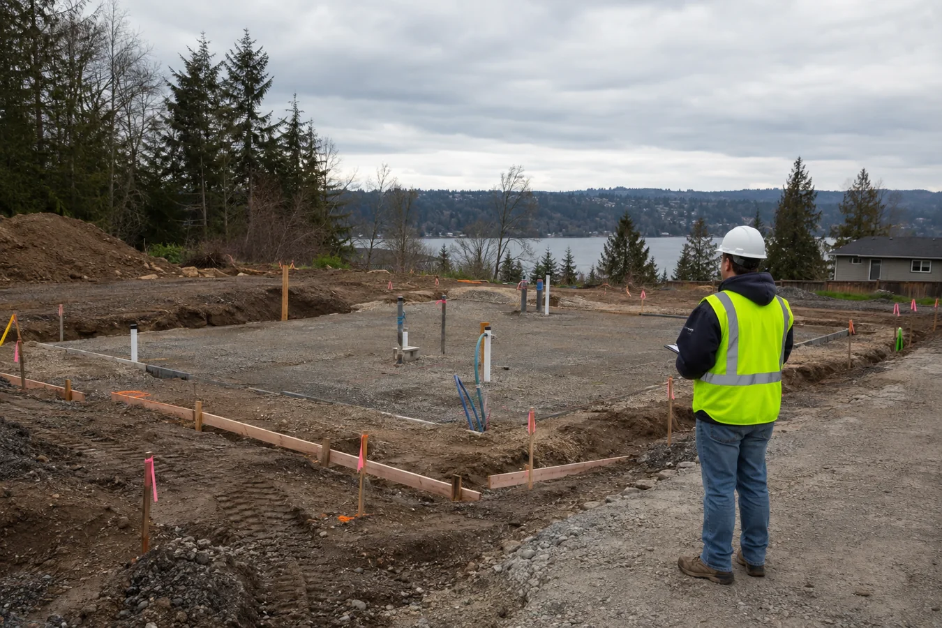 Prepared modular building site with pad, utility stub-outs, survey stakes and delivery access