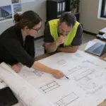 Architect and project manager reviewing modular building permit and site drawings