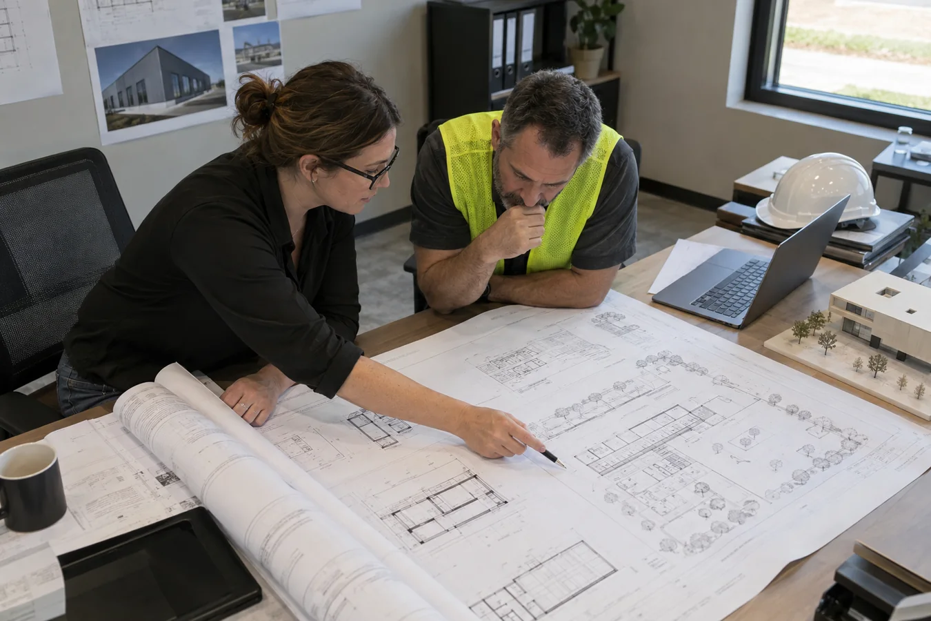 Architect and project manager reviewing modular building permit and site drawings